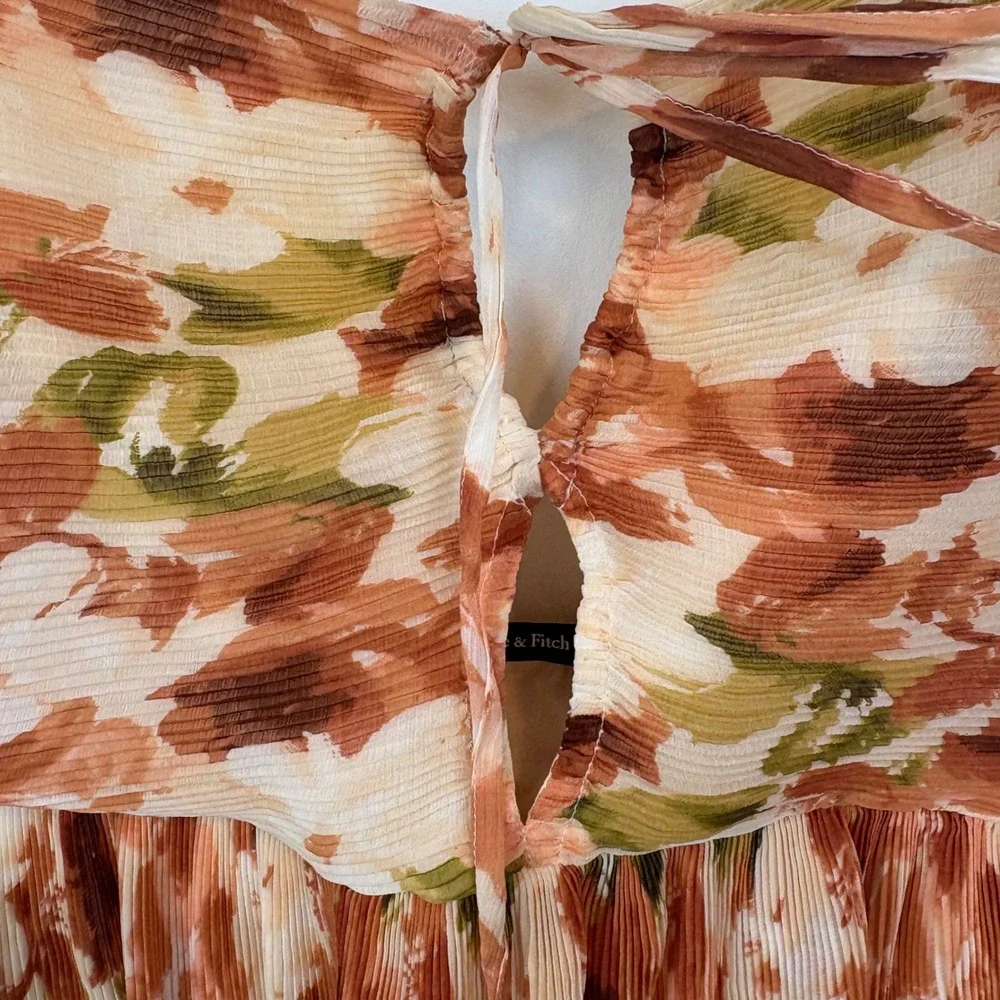 Abercrombie & Fitch Orange Floral Plisse Strapless Keyhole Maxi Dress M Wedding